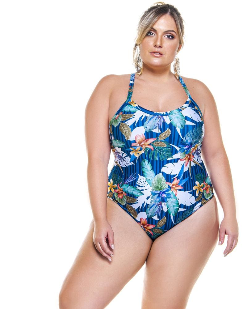 Front of a model wearing a size 22 Padded Swimsuit And Crossed Back in Fiori by Lehona. | dia_product_style_image_id:267617
